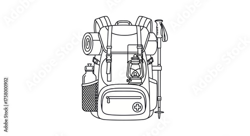 Detailed Line Art Illustration of a Fully Packed Hiking Backpack with Accessories.