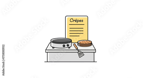 Illustrated Crepe Maker with Crepe Spatula and Menu Display.