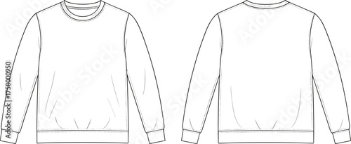 Unisex sweatshirt flat sketch, front and back view, crew neck long sleeve pullover vector illustration for fashion design template