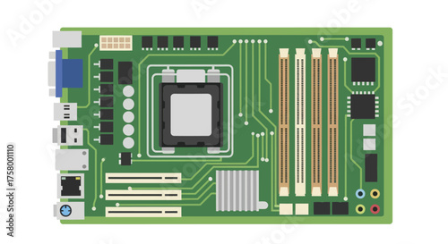 Detailed Illustration of a Modern Computer Motherboard with CPU Socket and RAM Slots.