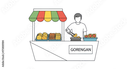 Line Art Illustration of Street Food Vendor Selling Gorengan Fritters.