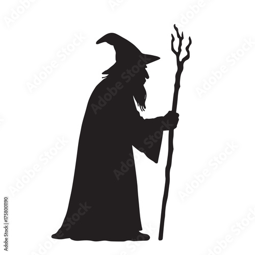 Vector image of an ancient wizard silhouette holding a staff, created in timeless black and white with strong contrast emphasizing his presence.