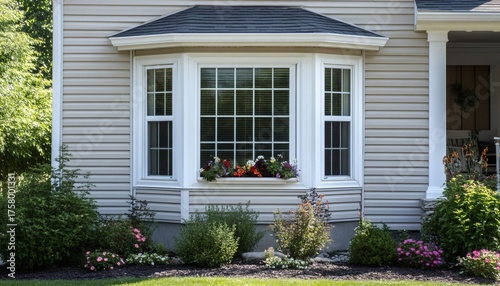 Bay window with white trim and flower box sits on a beige house exterior