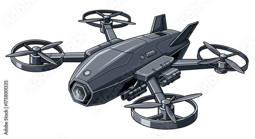 Modern Dark Gray Drone with Four Propellers and Camera.