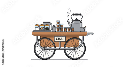 Traditional Indian Chai Tea Cart with Kettle and Cups.