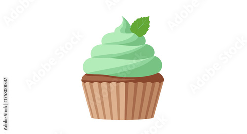 Delicious Mint Green Frosted Cupcake with Leaf Garnish.