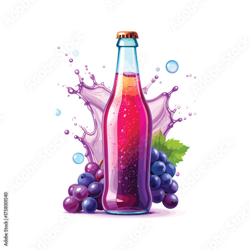 Grape Soda Bottle with Splash and Grapes Illustration