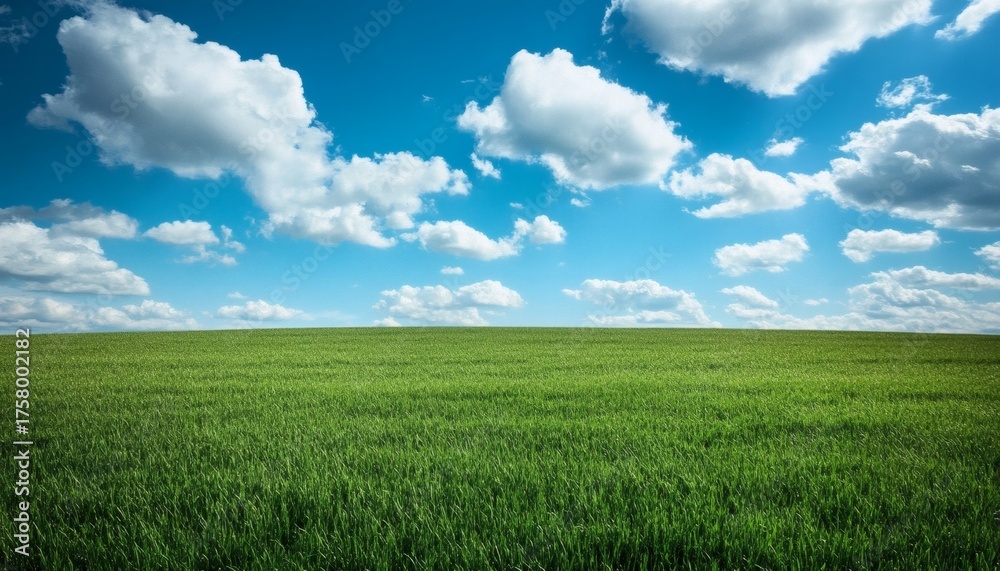 Obraz premium Vast green field under a bright blue sky with fluffy white clouds