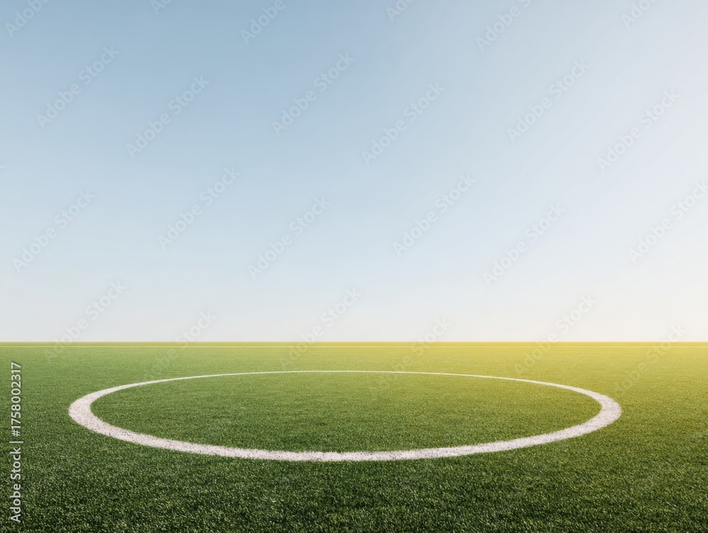 Obraz premium Professional Soccer Field Aerial View with Perfect White Markings under Clear Sky Premium Sports Marketing Content for Inspiring Teamwork and Competitive Play