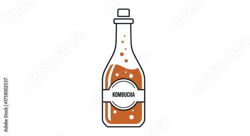 A clear glass bottle filled with amber-colored kombucha sealed with a cork stopper.