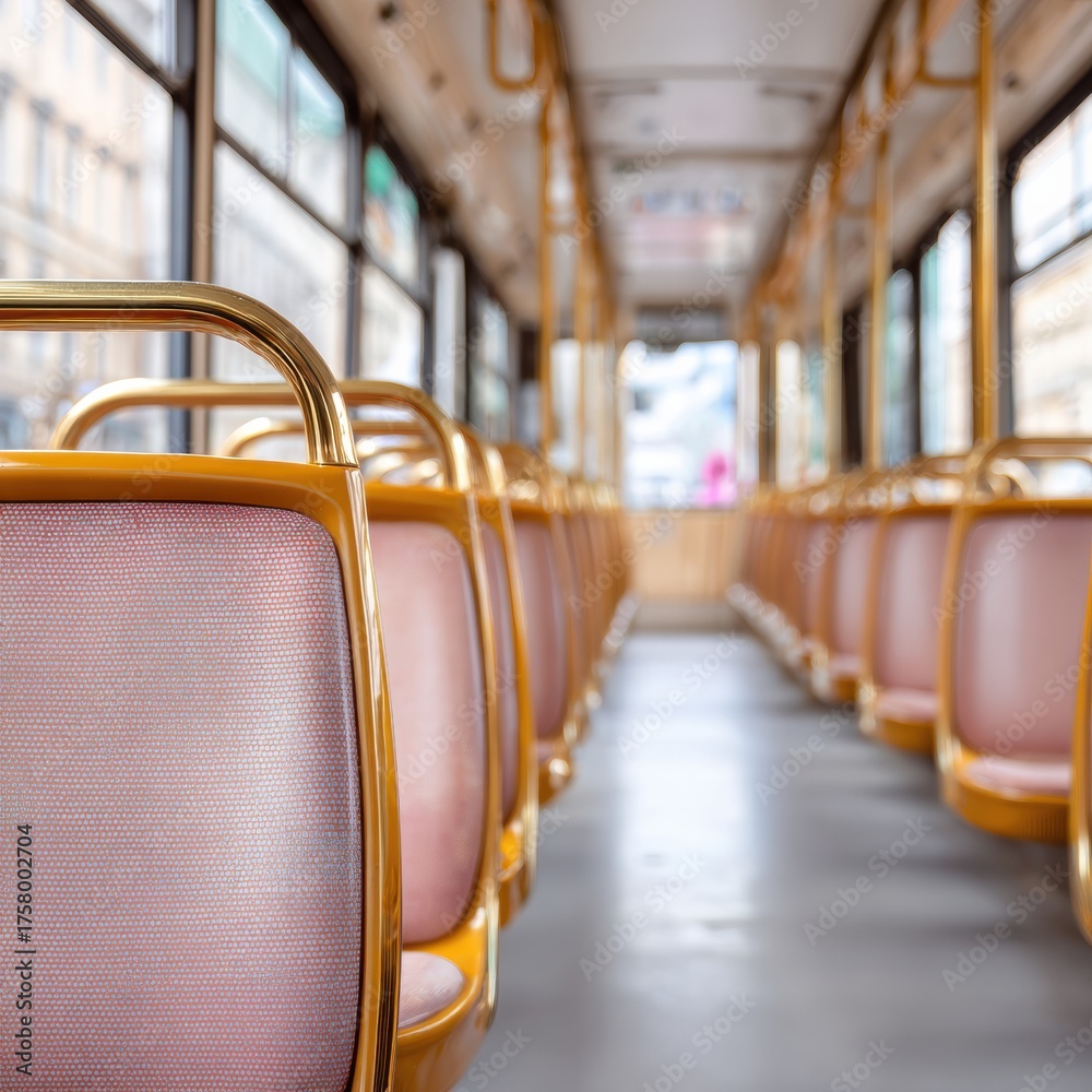 Fototapeta premium Modern Electric Mobility Tram Interior with Empty Seats and Handrails Premium Public Transit Space for Comfortable Urban Commuting and Travel Marketing Campaigns