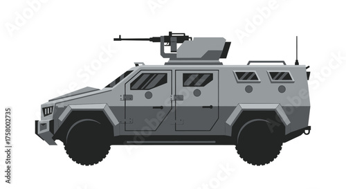 Armored Military Vehicle with Mounted Machine Gun.