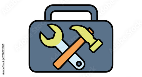 Blue Toolbox with Crossed Hammer and Wrench Icon.