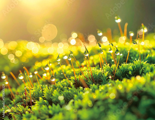 Close-up of vibrant green moss with water droplets glistening in the sunlight, creating a serene and natural scene.