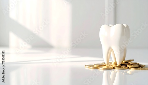Dental Concept Scene Featuring a Tooth Model and Coins on a Reflective White Surface, Representing the Cost of Dental Treatment and Oral Care