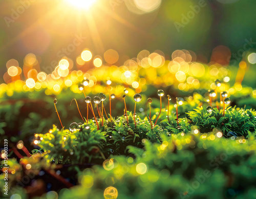 Close-up of moss with water droplets glistening in the sunlight, creating a bokeh effect.