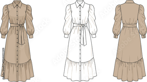 Elegant long sleeve button down maxi dress flat vector illustration, belted shirt dress with ruffle hem, modern fashion design
