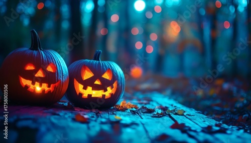Two glowing jack-o'-lanterns sit on a wooden surface in a dark forest at night