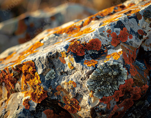 Close-up of rugged rocks covered in vibrant orange and grey lichen under natural sunlight, showcasing intricate textures.