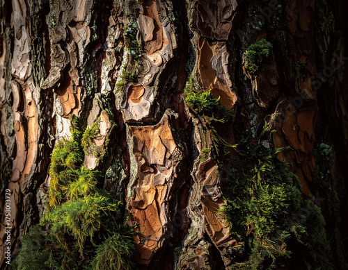 Close-up of rugged, textured tree bark with vibrant green moss growing in the deep crevices.
