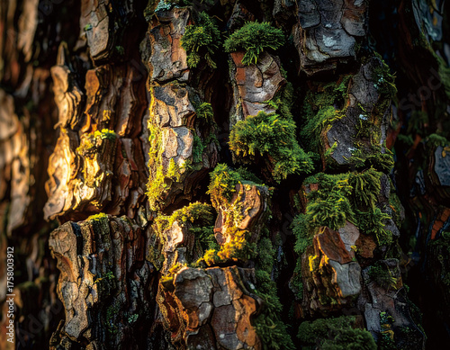 Close-up of rugged tree bark covered in vibrant green moss, illuminated by golden sunlight.