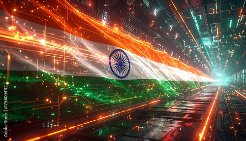 Indian Flag Integrated with Glowing Digital Circuit Board Patterns, Representing Innovation, Artificial Intelligence, and Technology Development in India