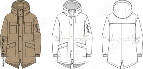 Winter parka jacket flat vector illustration, long hooded outerwear with multiple pockets and drawstring waist, stylish cold weather fashion design
