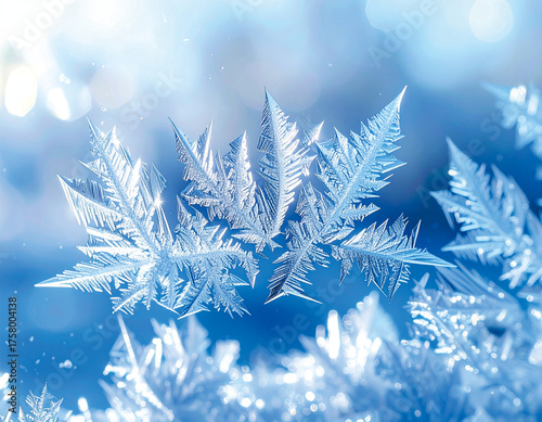 Macro photograph of intricate ice crystals forming a beautiful frosty pattern on a window with a bright, blurry background.