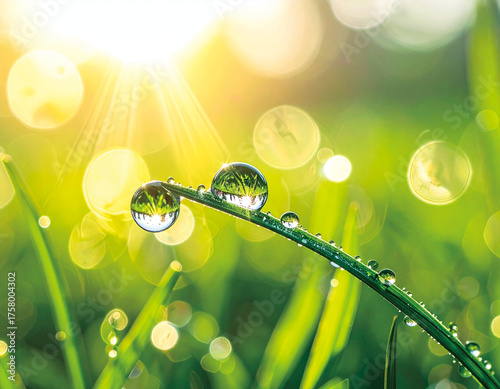 Close-up of two sparkling water droplets on a blade of green grass with bright sun rays and bokeh background.