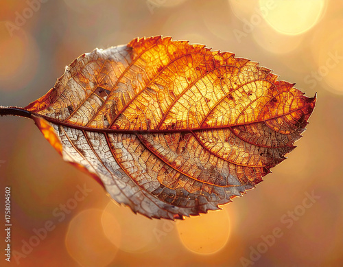 Close-up of a single, translucent autumn leaf with intricate veins, illuminated by sunlight.