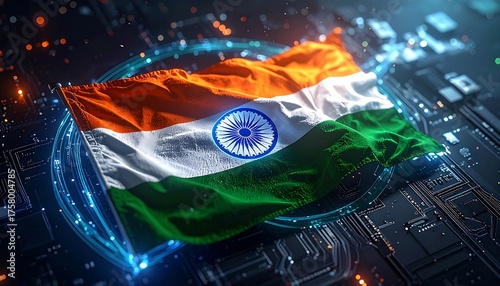 Conceptual Illustration of India’s Flag Blended with Futuristic Circuit Lines, Symbolizing Digital Transformation, Modern Tech Growth, and Innovation in India