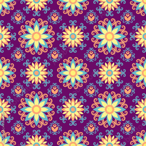 Cheerful seamless floral pattern vector background great for fabric print. Decorative ornament illustration creates beautiful textile design with vintage feel