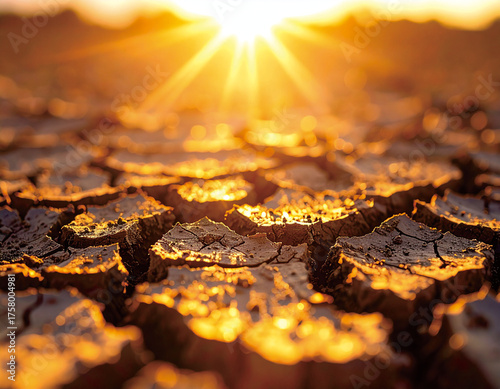 The sun shines intensely over cracked, dry earth, symbolizing drought and extreme heat.