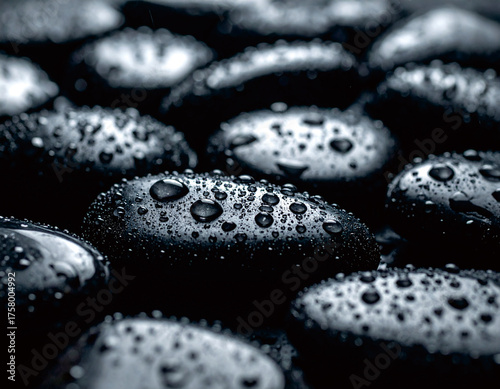 Close-up of wet, smooth, dark stones with water droplets, creating a textured surface.