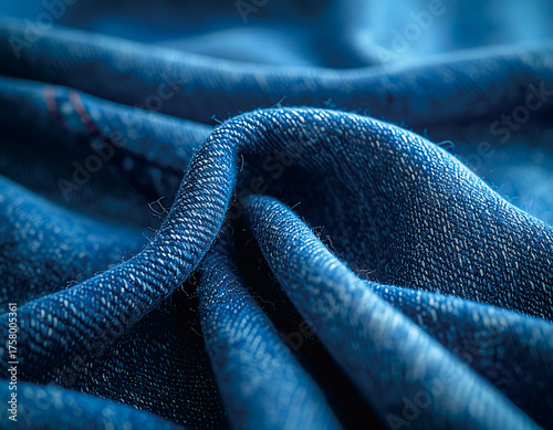 Close-up view of a textured blue fabric with visible weave and soft folds, highlighting the material's intricate details.