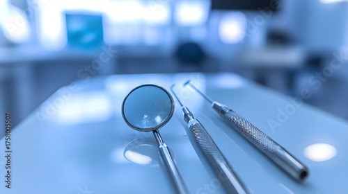 Dental tools arranged on a clean, reflective surface in a dentist's office