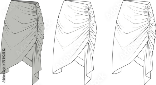 Asymmetrical draped skirt flat vector illustration, fashionable women’s wrap skirt with ruched side detail, elegant modern garment design