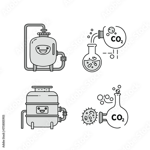 Illustrative line art icons showcase biotechnology concepts, including smiling bioreactors, microbial processes, and carbon dioxide capture for sustainable industrial applications.