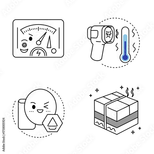 A collection of modern line art icons illustrating various measurement concepts, including gauges, temperature sensing, product status, and thermal processes.