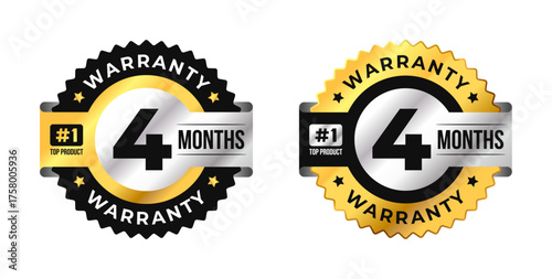 Premium 4 months warranty circle badge vector with black, gold and silver colors. Perfect for product guarantee, icon, logo, symbol, seal, stickers, quality assurance, label, certification