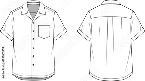 Short sleeve button-up shirt flat vector illustration, casual men’s summer shirt design with collar, chest pocket, and folded sleeves
