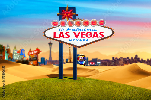 Welcome To Fabulous Las Vegas Sign With Beautiful City Lights at Sunset
