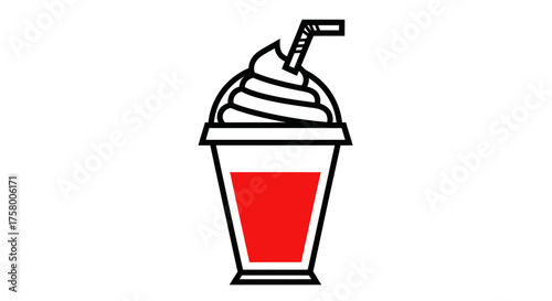 Red Smoothie with Whipped Cream and Straw in a Plastic Cup.