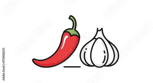 Red Chili Pepper and Garlic Bulb Outline Icon Illustration.