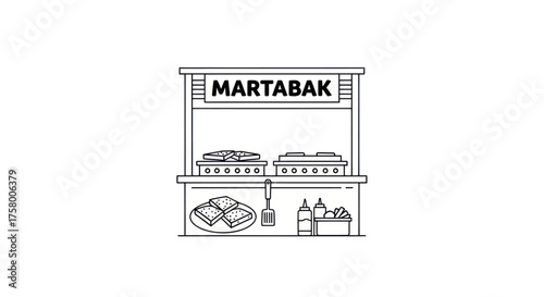Simple Line Art Illustration of a Martabak Food Stall Cart.