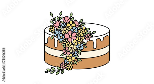 Hand-drawn layered cake adorned with a cascade of colorful flowers.