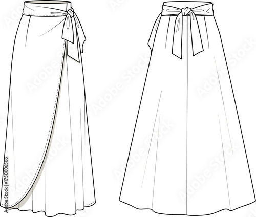 Elegant long wrap skirt flat vector illustration, fashion technical drawing of maxi skirt with waistband tie, pleats, and hem details
