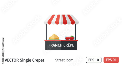 French Crepe Stand with Red and White Striped Awning and Food Display.