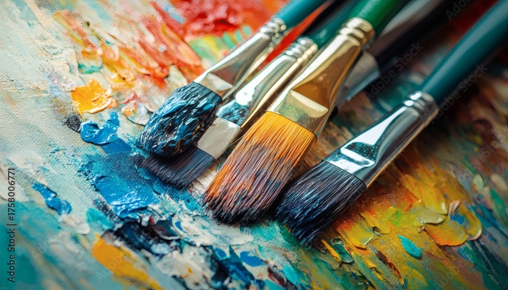 Fototapeta premium Close-up view of paintbrushes resting on a colorful palette