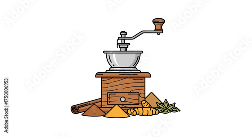 Vintage Wooden Coffee Grinder with Spices.